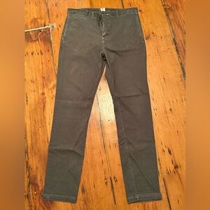 Military green, size 33 Hiroshima Kato Denit chinos. Cotton/polyester blend.